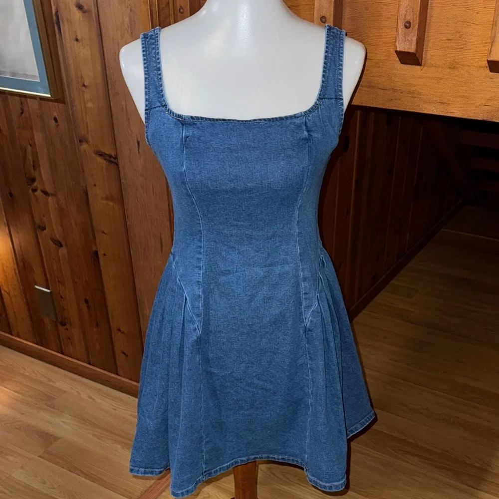 Cider Size Medium M Denim Square-Neck Mini Dress stretch - Picture 2 of 13